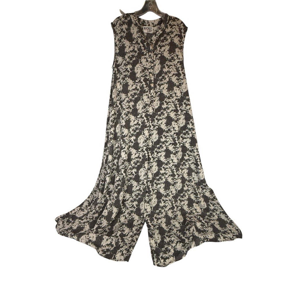 Bucket List Sleeveless Jumpsuit Women L Gray White‎ Abstract Wide Leg Boho
